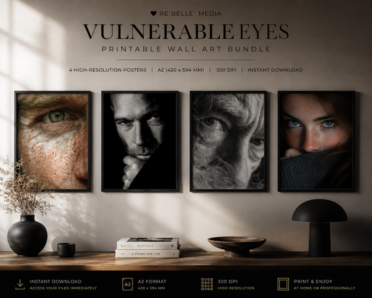 Vulnerable Eyes Printable Poster Bundle A2 | Manche Blicke sagen mehr als ganze Biografien. Dieses Bundle bringt Nähe, Härte und stille Verletzlichkeit in eine reduzierte, hochpräzise Bildsprache. Vier digitale Poster. Eine Entscheidung für echte Präsenz.
