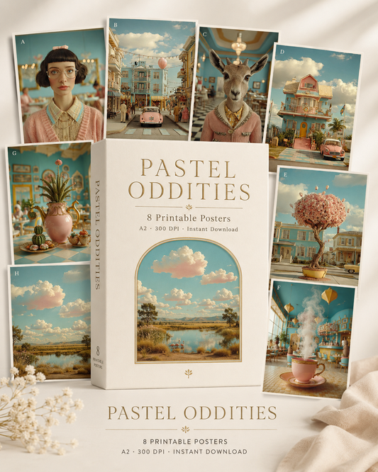 Pastel Oddities Printable Wall Art Serie Eine Welt, die aussieht wie Zuckerwatte — und sich anfühlt wie ein sehr höfliches Misstrauen gegenüber der Realität.