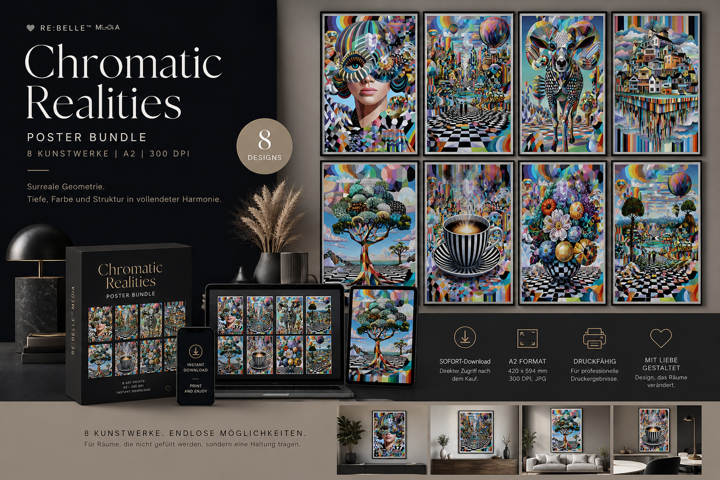 Chromatic Realities – Surreale Geometrie Poster Bundle | 8 Kunstwerke A2 Download Nicht alles ist sichtbar. Aber alles ist spürbar. Dieses Bundle verändert nicht deinen Raum. Es verändert, wie du ihn wahrnimmst.