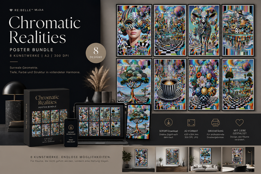 Chromatic Realities – Surreale Geometrie Poster Bundle | 8 Kunstwerke A2 Download Nicht alles ist sichtbar. Aber alles ist spürbar. Dieses Bundle verändert nicht deinen Raum. Es verändert, wie du ihn wahrnimmst.