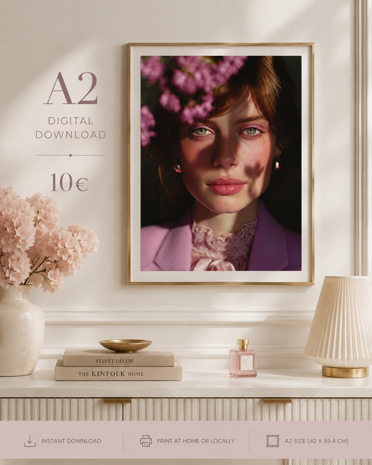 Soft Rebellion Portrait | A2 Printable Wall Art Ein Blick, der nichts erklärt. Und genau deshalb bleibt. Soft Rebellion Portrait ist feminine printable wall art für Räume, die nicht dekoriert wirken wollen, sondern bewusst.
