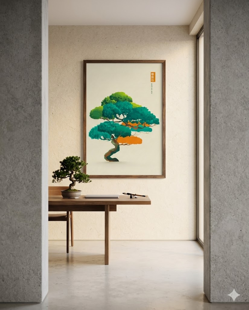 Ästhetischer Bonsai in lebendigen Farben