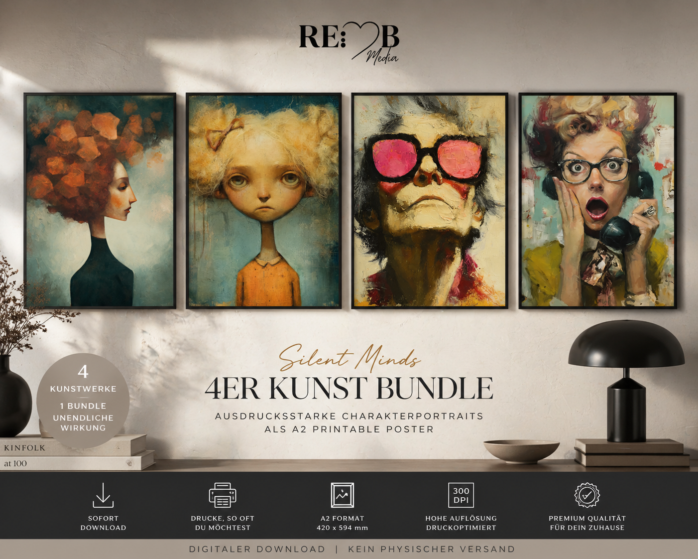 Silent Minds – 4er Kunst Bundle | Ausdrucksstarke Charakterportraits als A2 Printable Vier Gesichter. Vier Zustände. Zwischen Kontrolle, Chaos, Leere und Überreiztheit. Für Räume, die mehr zeigen wollen als nur Stil.
