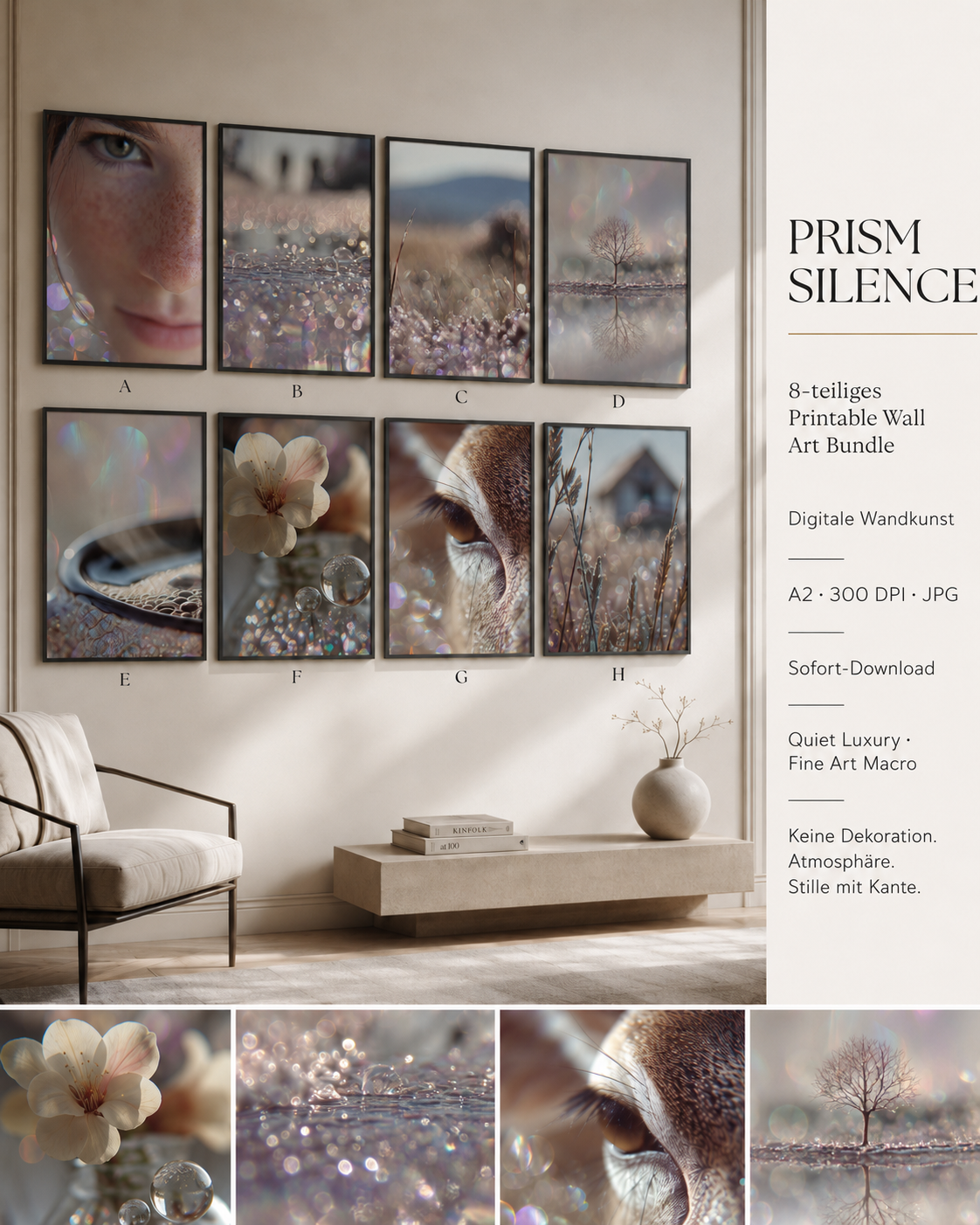 PRISM SILENCE — 8-teiliges A2 Printable Wall Art Bundle mit Licht, Makro & stiller Tiefe