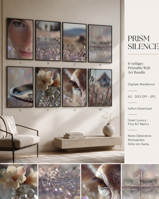 PRISM SILENCE — 8-teiliges A2 Printable Wall Art Bundle mit Licht, Makro & stiller Tiefe