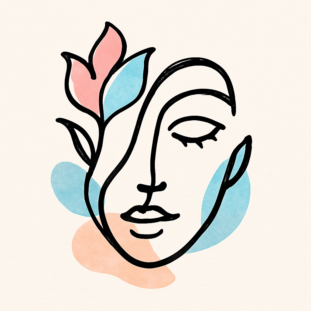 Minimalistische Frau mit Blumen – Kunstwerk in modernem Linien-Stil