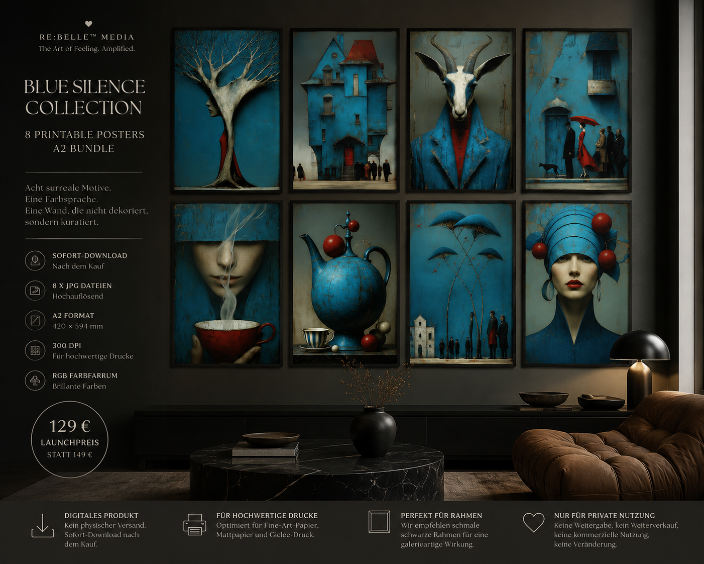 BLUE SILENCE COLLECTION – 8 Surreale Printable Posters A2