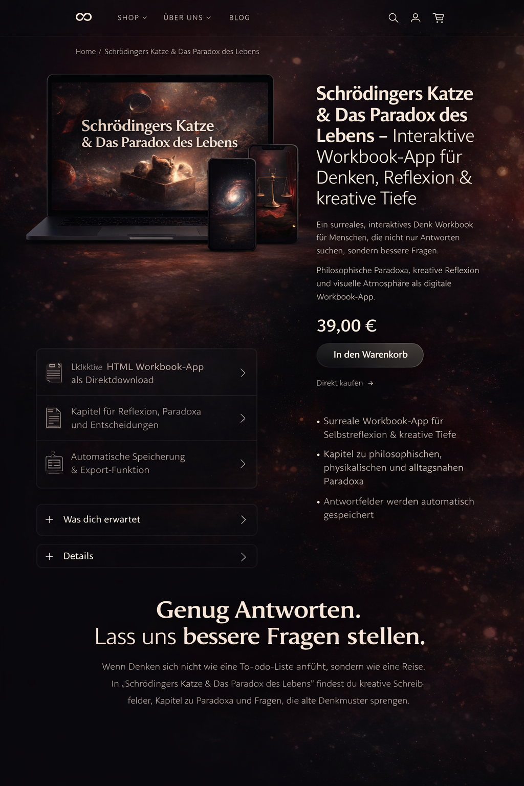 Schrödingers Katze & Das Paradox des Lebens – Shopify Produktseite Mockup mit Laptop, Tablet und Smartphone Darstellung einer dunklen, surrealen Workbook-App für Reflexion, Denken und kreative Tiefe 🖤