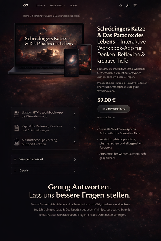 Schrödingers Katze & Das Paradox des Lebens – Shopify Produktseite Mockup mit Laptop, Tablet und Smartphone Darstellung einer dunklen, surrealen Workbook-App für Reflexion, Denken und kreative Tiefe 🖤