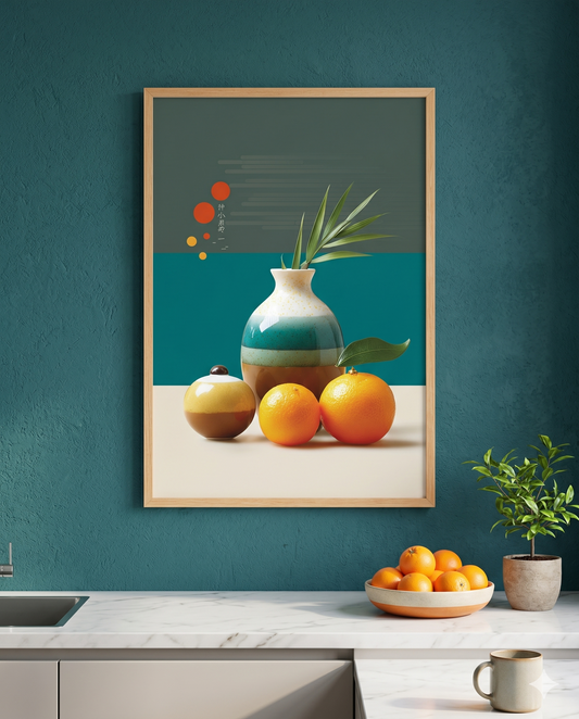 Stillleben mit Orangen und Vase im Minimalismus-Stil