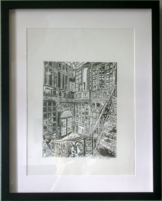 „Lost Place – Linol Druck eines historischen Interieurs“ – Exklusives Kunstwerk im Rahmen