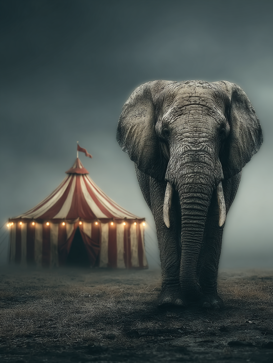 Elefant Zirkus Poster A2 | Printable Wall Art Ein stilles Elefant-Zirkus-Motiv als digitale Wandkunst. A2 Poster, 300 DPI, Sofort-Download für Räume mit Tiefe.