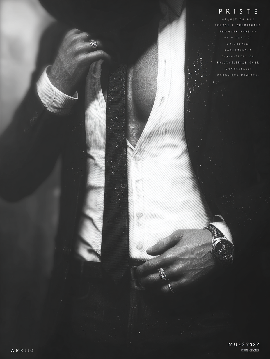 PRISTE Dark Suit Poster A2 | RE:BELLE™ Media Ein Schwarzweiß-Poster für Räume, die leise wirken und trotzdem alles sagen. PRISTE setzt auf Anzug, Schatten, Haut und Kontrolle – nicht als Pose, sondern als Atmosphäre.