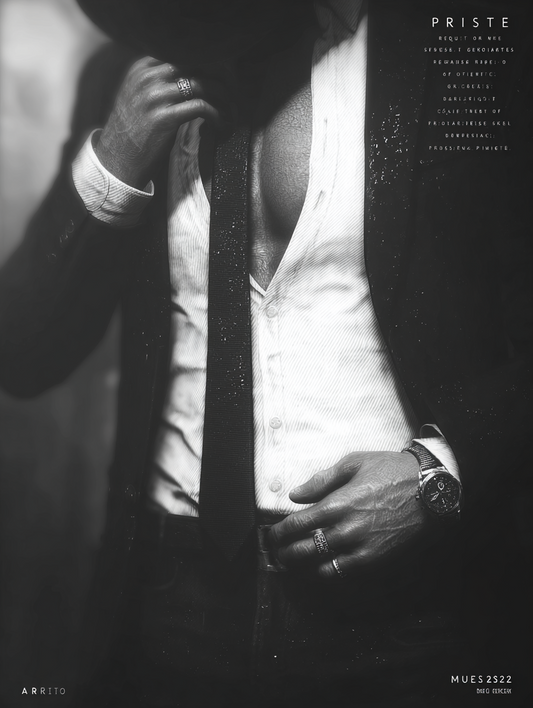 PRISTE Dark Suit Poster A2 | RE:BELLE™ Media Ein Schwarzweiß-Poster für Räume, die leise wirken und trotzdem alles sagen. PRISTE setzt auf Anzug, Schatten, Haut und Kontrolle – nicht als Pose, sondern als Atmosphäre.