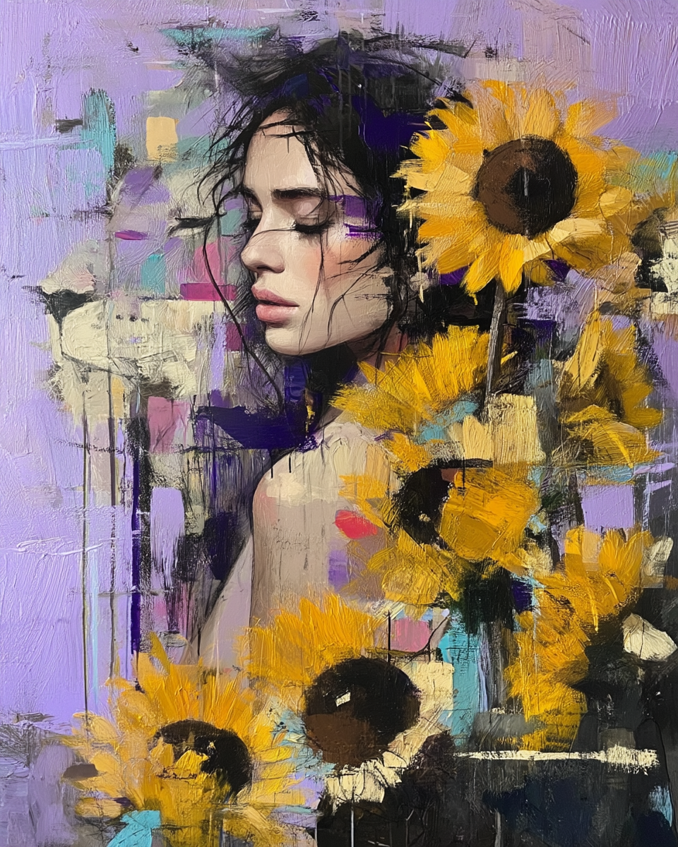 Soft Resistance – Frau & Sonnenblumen in abstrakter Malerei | Modernes Fine Art Poster A2 Download   Du gehst nicht gegen den Sturm. Du bleibst. Dieses Poster bringt genau diese leise Form von Stärke in deinen Raum – sanft, klar, unübersehbar.