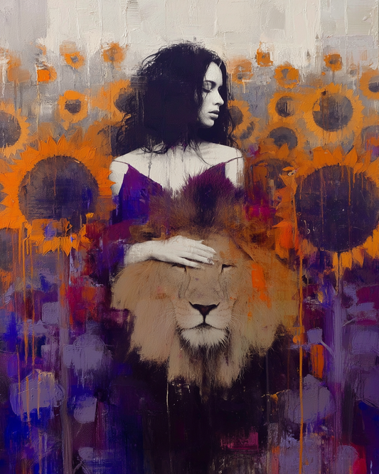 Silent Power – Frau mit Löwe in Sonnenblumenfeld | Ausdrucksstarkes Fine Art Poster A2 Download