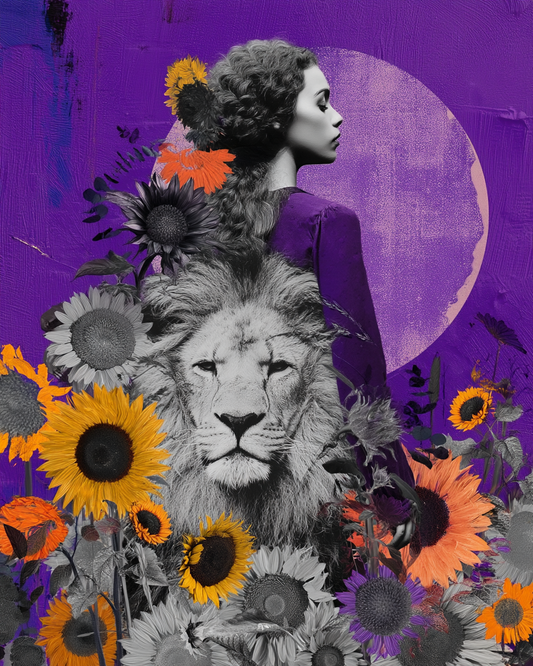 Löwinnenruhe – Frau & Löwe in Sonnenblumen | Lila Fine Art Poster A2 Download