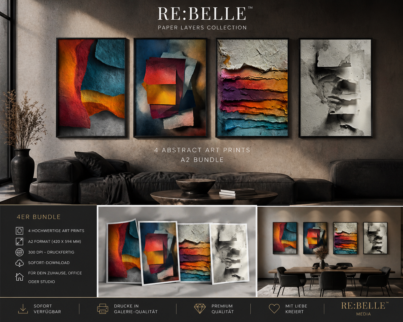 RE:BELLE™ Paper Layers – 4er Bundle | Abstrakte Textur Kunst als A2 Download (Modern, Raw, Statement Art) Keine glatte Ästhetik. Das hier ist Spannung in Schichten. Vier Werke, die nicht dekorieren – sondern etwas im Raum verändern.