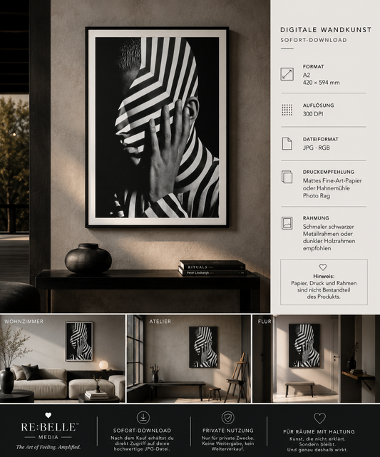 THE BLIND ANGLE™ – Schwarz-Weiß-Portrait als digitale A2 Wandkunst