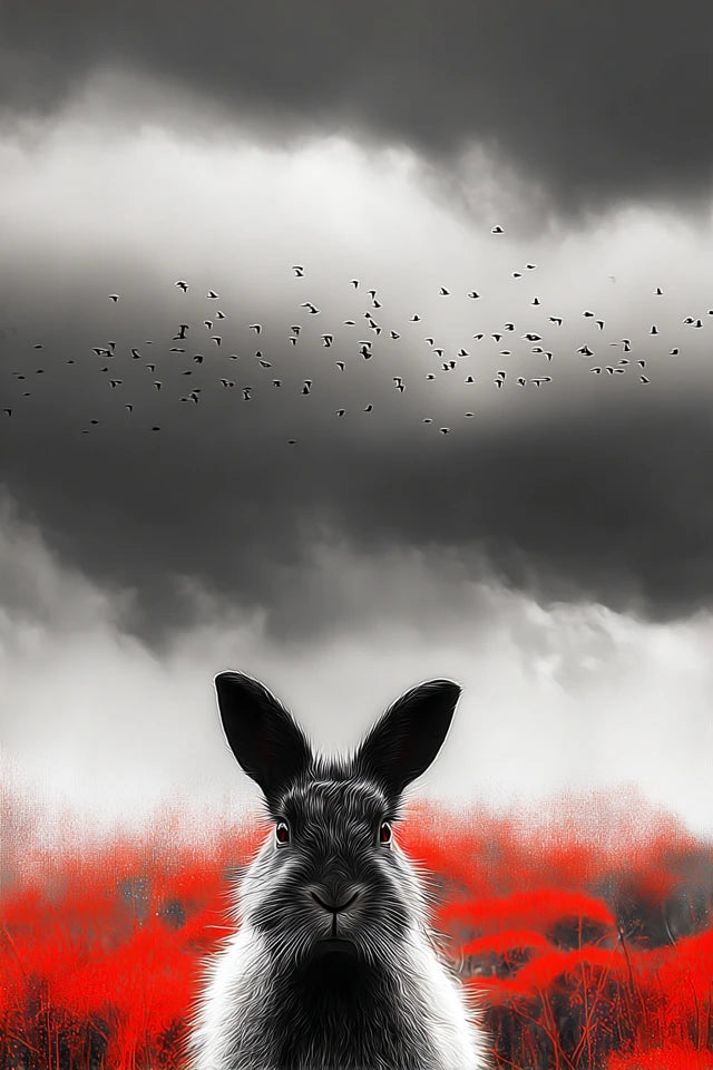 RED SILENCE – Printable Wall Art A2   RED SILENCE ist keine laute Wandkunst. Diese Serie arbeitet mit Stille, Nebel, Schwarz-Weiß-Kontrast und einem einzigen roten Impuls. Für Räume, die nicht dekoriert wirken sollen — sondern entschieden.