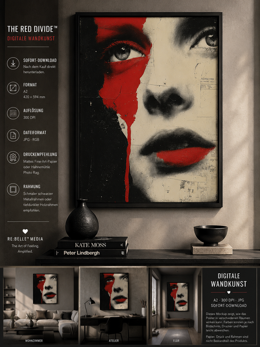 THE RED DIVIDE™ – Editorial Portrait in Rot, Schwarz & Creme | Digitale Wandkunst A2