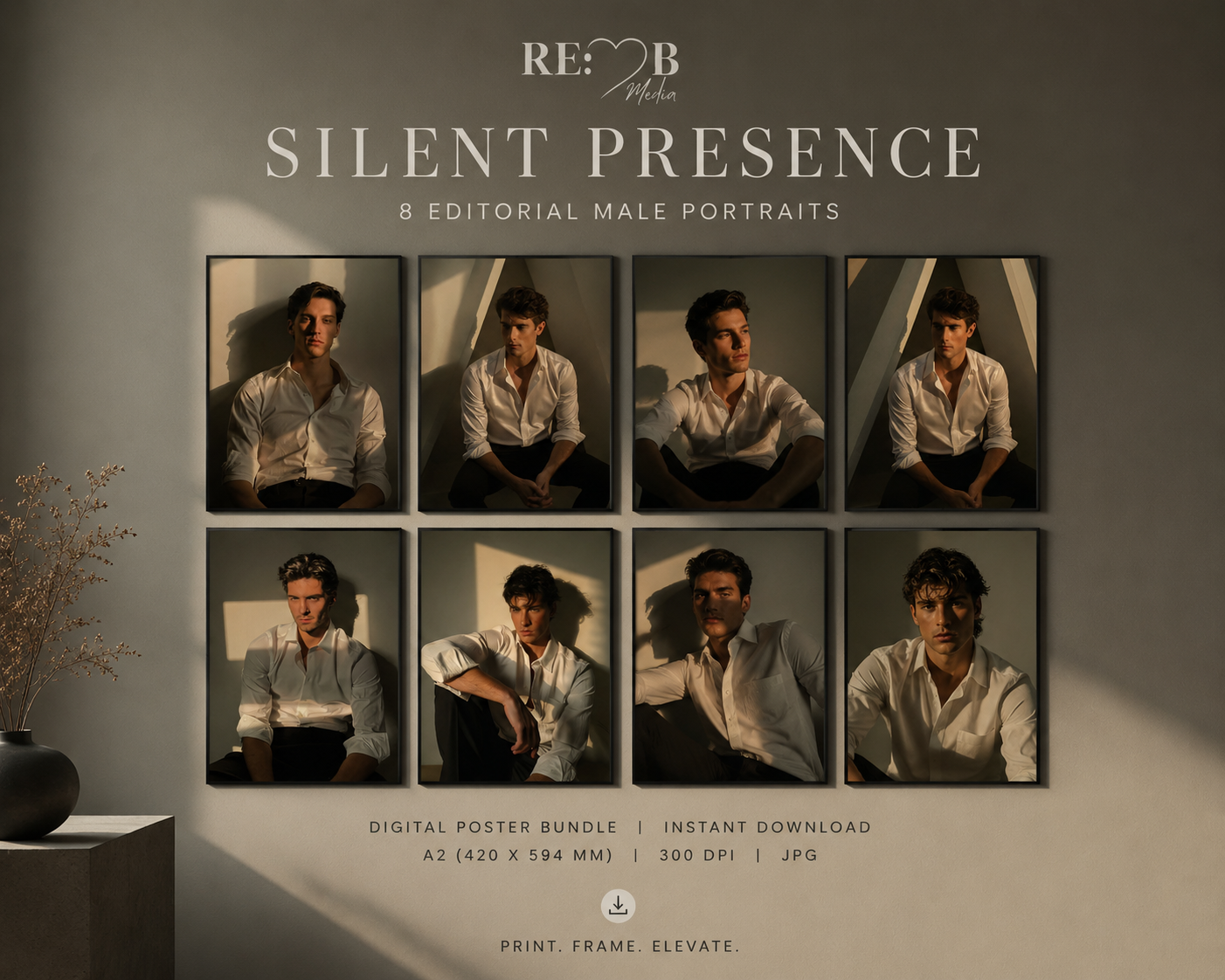 Silent Presence Poster Bundle | 8 Editorial Portraits Acht Porträts. Ein Blick, der bleibt. Silent Presence bringt Ruhe, Stärke und subtile Spannung in den Raum – als hochwertiges printable wall art Bundle zum Sofort-Download.