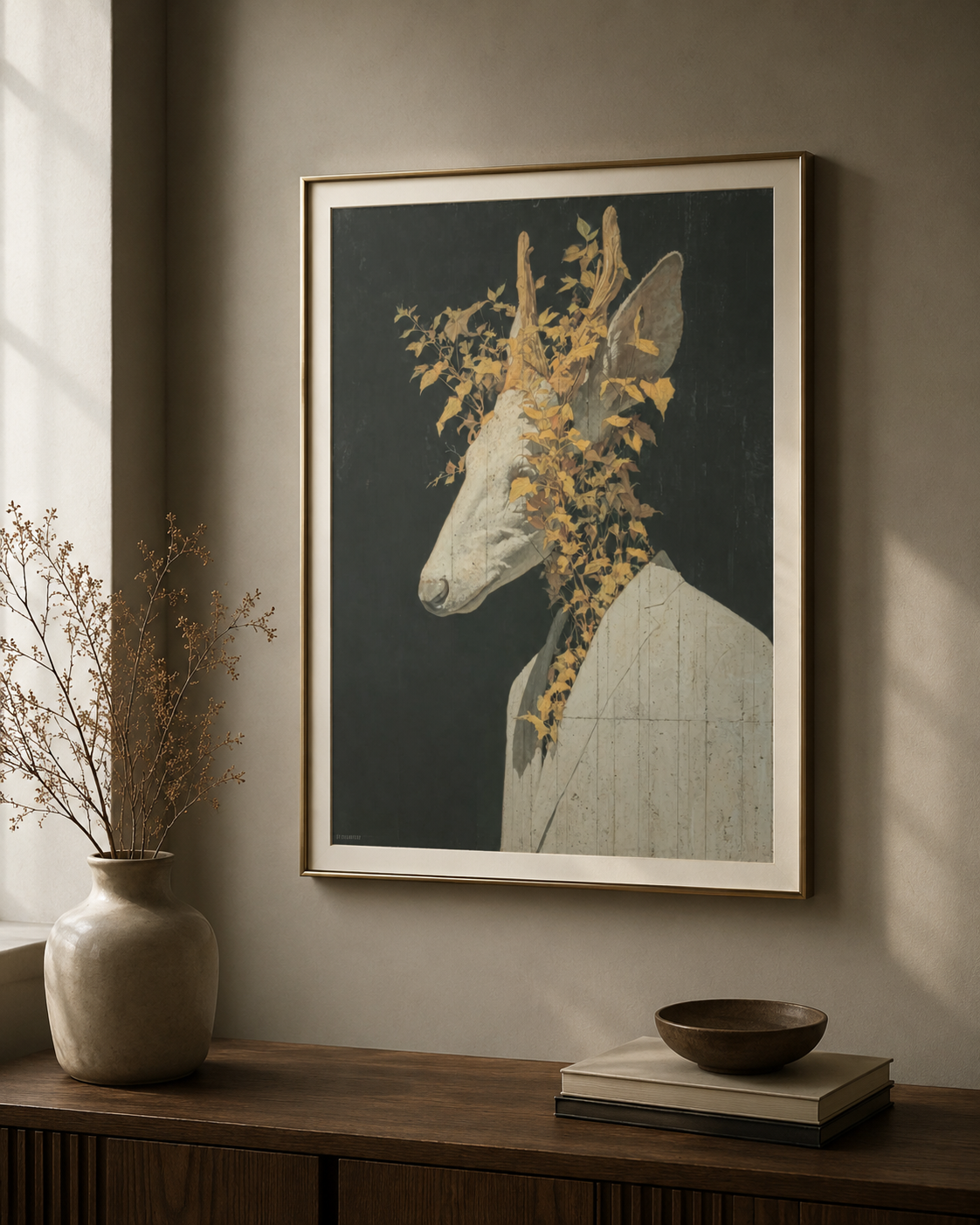 Deer Silence – Mystisches Hirsch-Porträt als digitale Wandkunst A2
