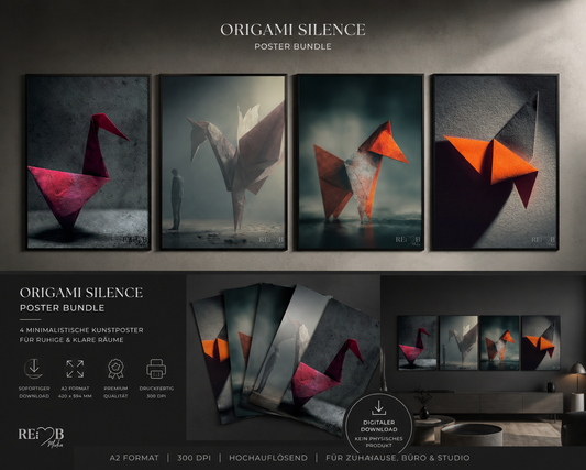 Origami Silence – Minimalistische Kranich Kunst als A2 Poster Bundle in ruhiger Premium-Ästhetik Gefaltet aus Stille. Gehalten im Moment. Dieses Bundle bringt Ruhe in Räume, die längst zu laut geworden sind.