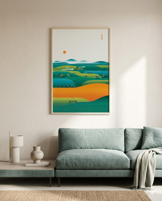Abstrakte Landschaft in Petrol und Orange
