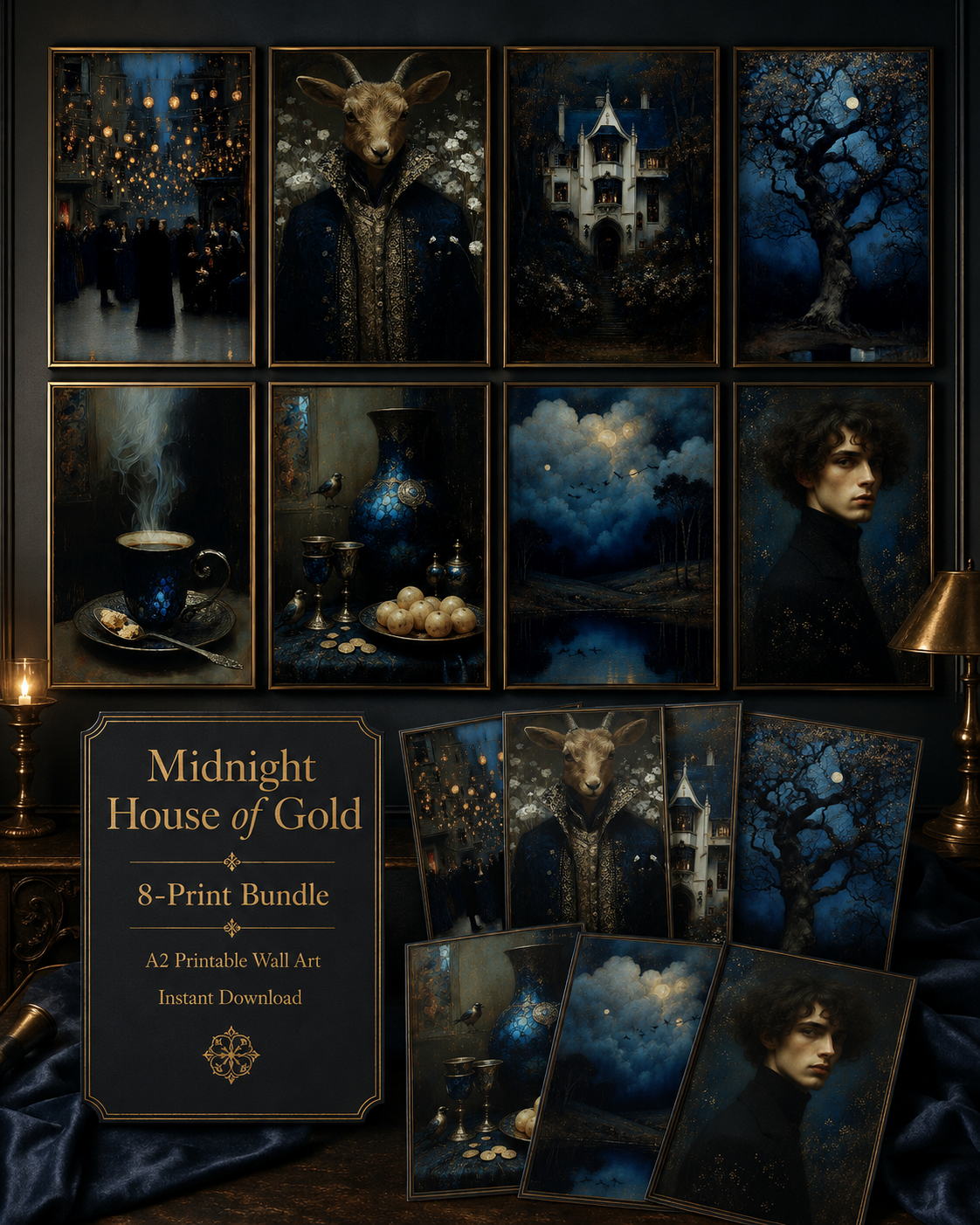 Midnight House of Gold – Printable Art Set Eine Serie für Räume, die nicht heller werden wollen. Sondern tiefer. Midnight House of Gold bringt Nachtblau, altes Gold, stille Figuren und dunkle Schönheit an die Wand – als digital poster set.