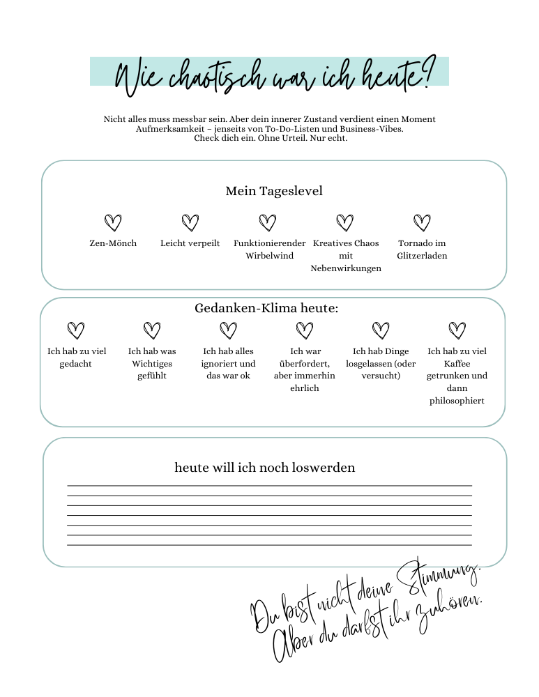 Kreatives Chaos Workbook – Klarheit im Kopf ohne Plan | Printable PDF Instant Download Du musst dich nicht sortieren, um anzufangen. Dieses Workbook gibt deinem Chaos Raum – und plötzlich wird es klar. Ein printable PDF, das nicht ordnet, sondern öffnet.