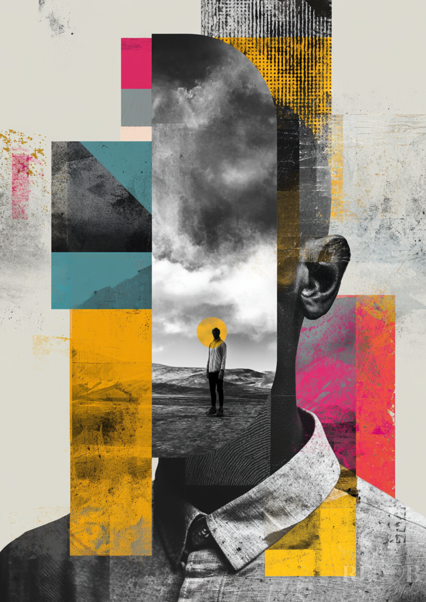Fragmented Identity – Collage Poster A2 Download | Moderne Wandkunst zwischen Struktur & Gefühl  Nicht alles passt zusammen. Und genau darin entsteht Wahrheit. Ein visuelles Spiel aus Fragmenten, Farbe und Identität – roh, modern, unruhig schön.