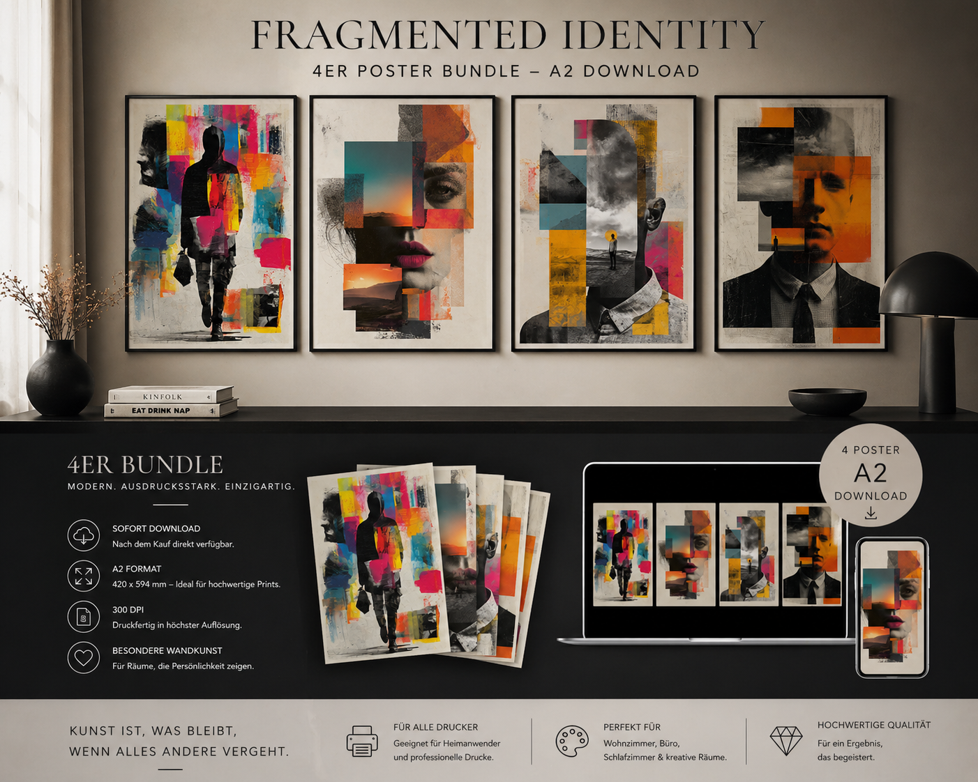Fragmented Identity – Collage Poster A2 Download | Moderne Wandkunst zwischen Struktur & Gefühl  Nicht alles passt zusammen. Und genau darin entsteht Wahrheit. Ein visuelles Spiel aus Fragmenten, Farbe und Identität – roh, modern, unruhig schön.