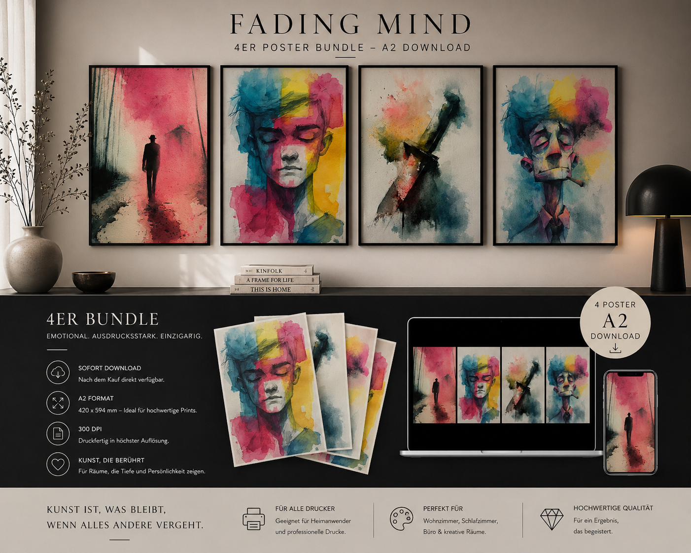 Fading Mind – Aquarell Poster A2 Download | Zwischen Rückzug, Farbe und Identität Er geht. Und irgendetwas bleibt zurück. Ein leiser Moment zwischen Auflösung, Farbe und Gedanken, die keiner sieht.