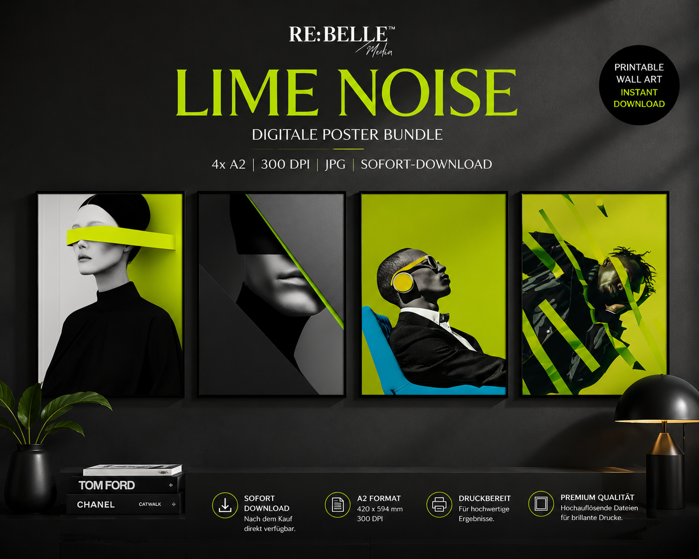 LIME NOISE – Futuristic Printable Wall Art Set bringt Neon-Grün, Schatten und grafische Präzision in einen Raum, der Haltung zeigen will. Futuristische Printable Wall Art für Menschen, die Reduktion nicht als Verzicht verstehen, sondern als Entscheidung.