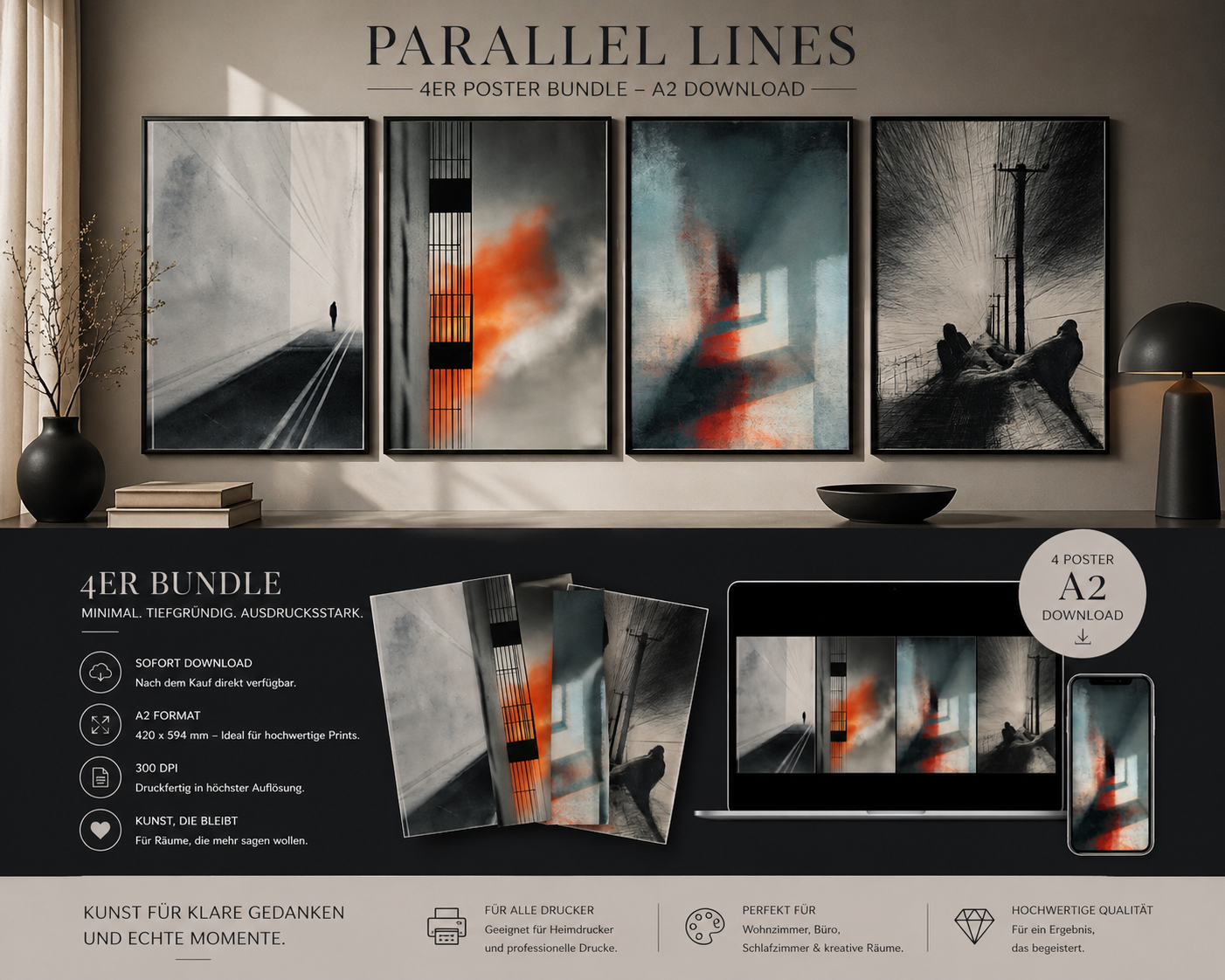 Parallel Lines – Stille Wege & verlorene Richtung | 4er Poster Bundle A2 Download Manchmal gehst du weiter. Ohne zu wissen, wohin. Dieses Bundle zeigt genau diesen Moment – zwischen Leere, Klarheit und einem leisen Weitergehen.