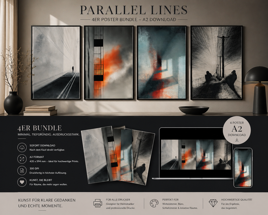 Parallel Lines – Stille Wege & verlorene Richtung | 4er Poster Bundle A2 Download Manchmal gehst du weiter. Ohne zu wissen, wohin. Dieses Bundle zeigt genau diesen Moment – zwischen Leere, Klarheit und einem leisen Weitergehen.