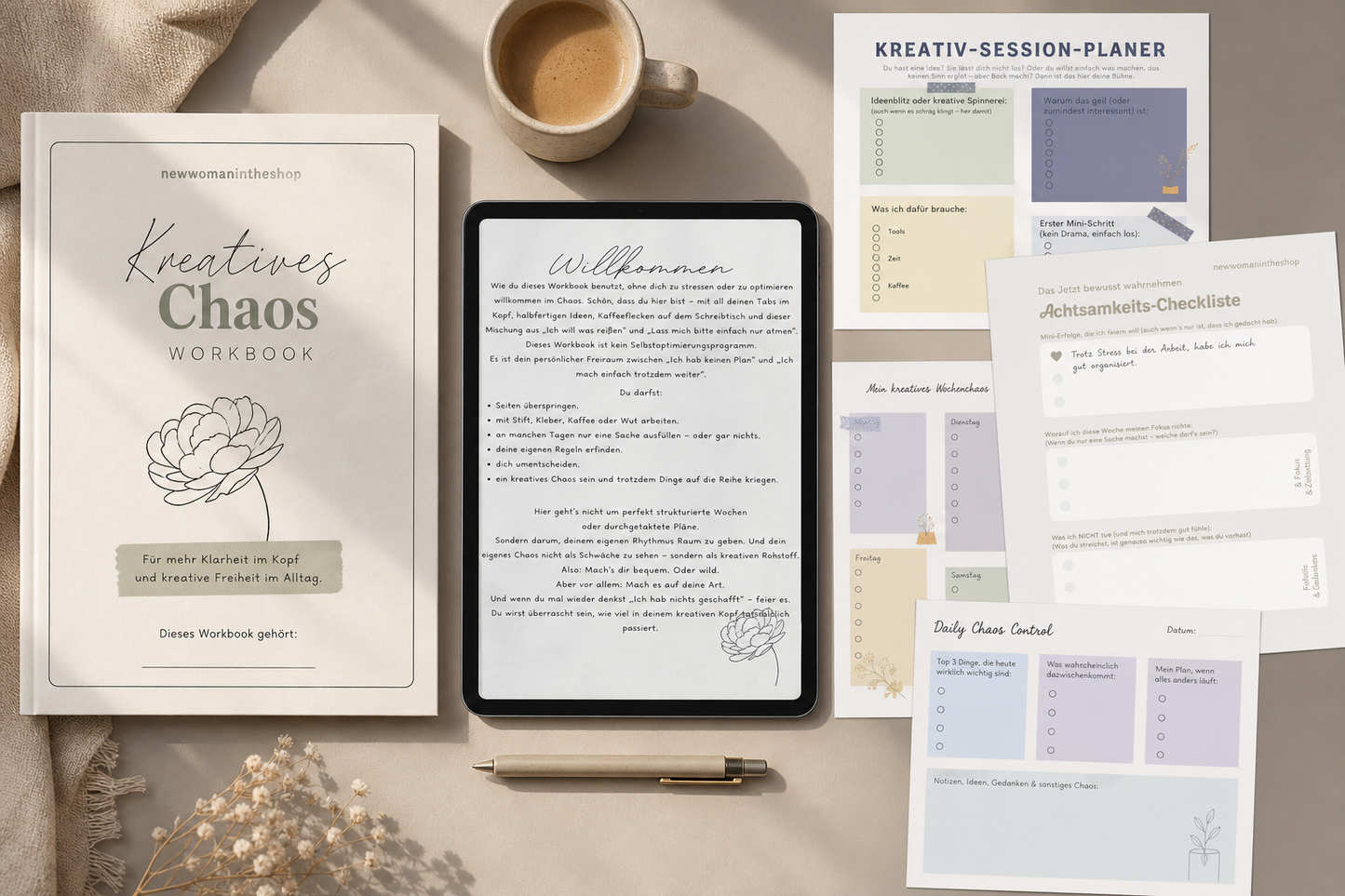 Kreatives Chaos Workbook – Klarheit im Kopf ohne Plan | Printable PDF Instant Download Du musst dich nicht sortieren, um anzufangen. Dieses Workbook gibt deinem Chaos Raum – und plötzlich wird es klar. Ein printable PDF, das nicht ordnet, sondern öffnet.