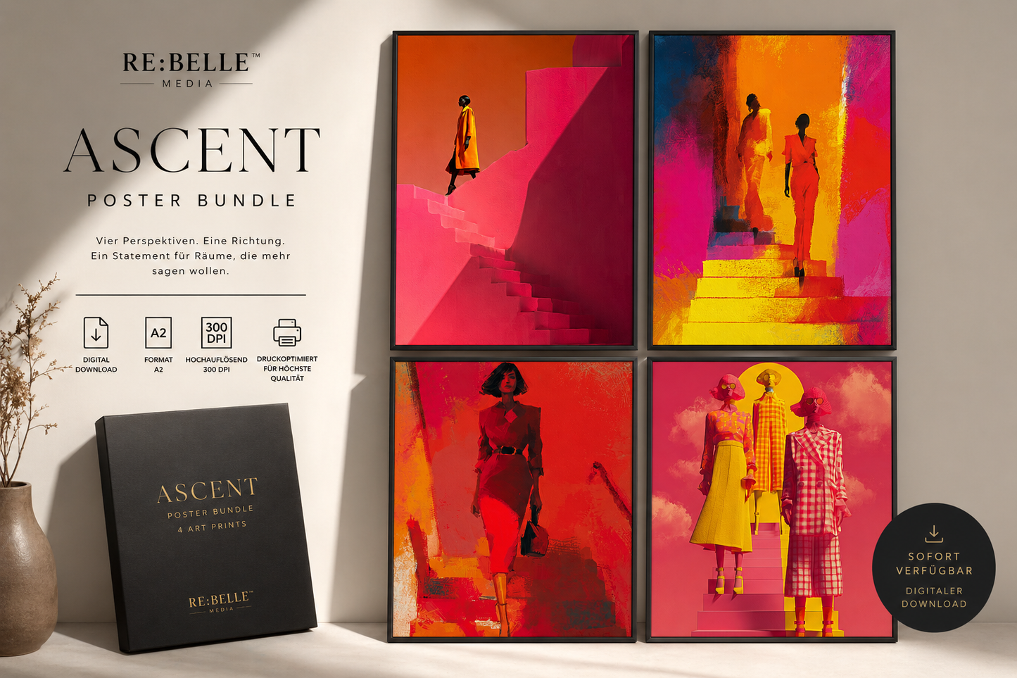ASCENT – Modern Art Poster Bundle | Geometrische Modeästhetik in Pink, Orange & Gold (4er Set A2 Download) Vier Motive. Eine Richtung: nach oben. Dieses Bundle bringt Bewegung in Räume, die still geworden sind – klar, stark, unübersehbar.