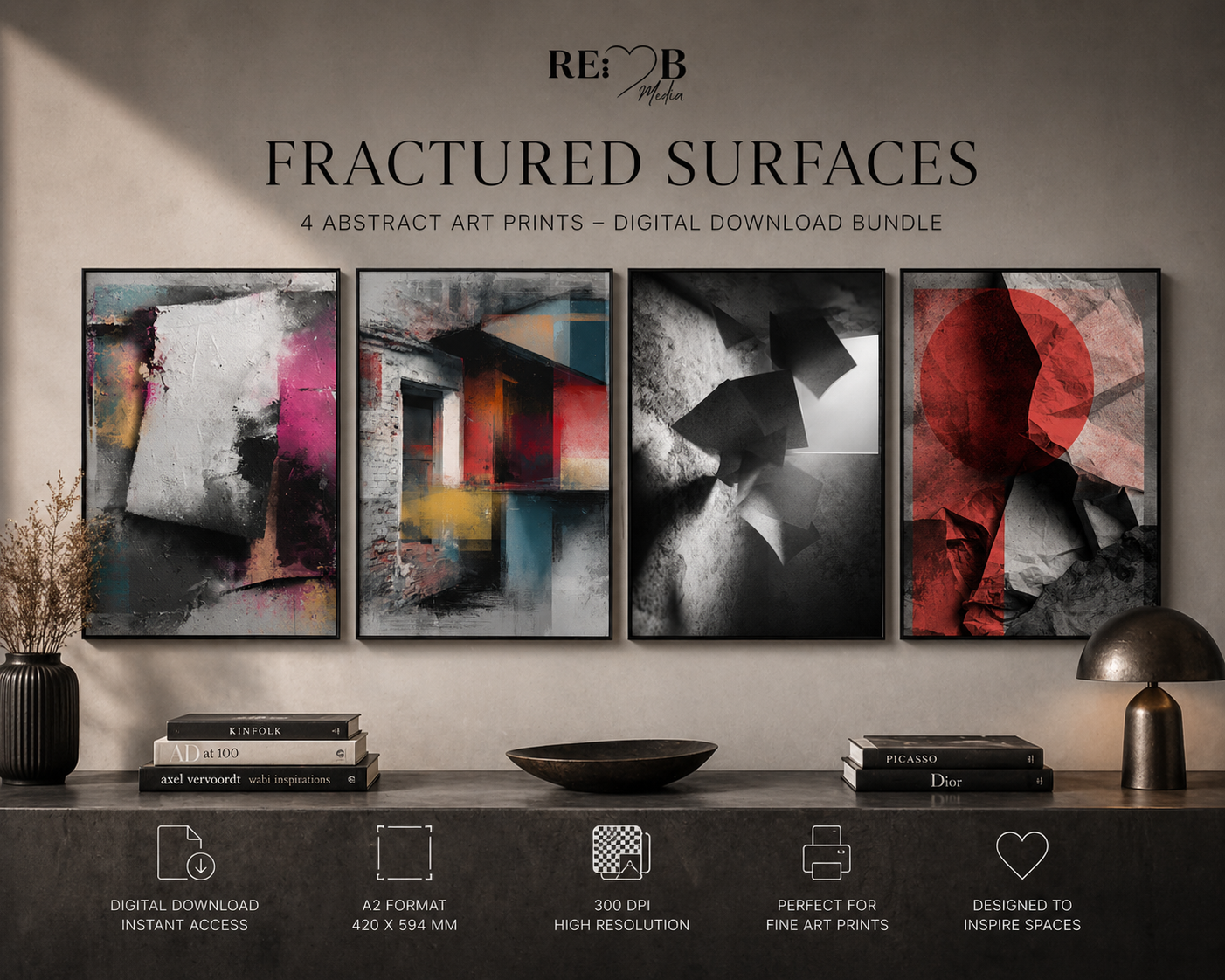 FRACTURED SURFACES – Abstrakte Wandkunst A2 Bundle | Urban Minimal Art als Premium Download Roh. Unruhig. Still. FRACTURED SURFACES zeigt, was bleibt, wenn Oberfläche bricht.