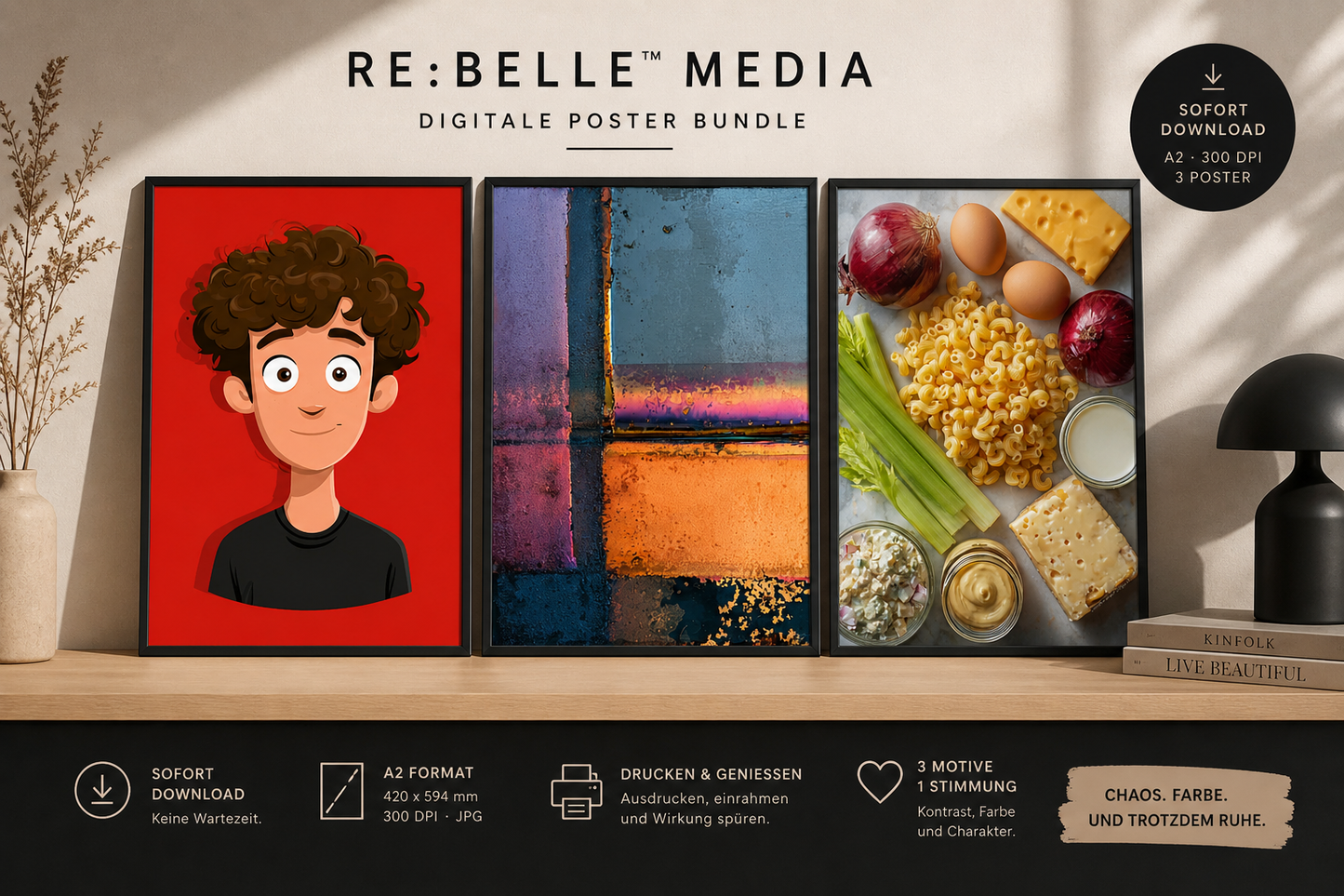 RE:BELLE™ Bundle – Chaos, Farbe & Comfort | Digitale Printable Poster Kollektion A2 Nicht alles muss zusammenpassen, um Wirkung zu haben.