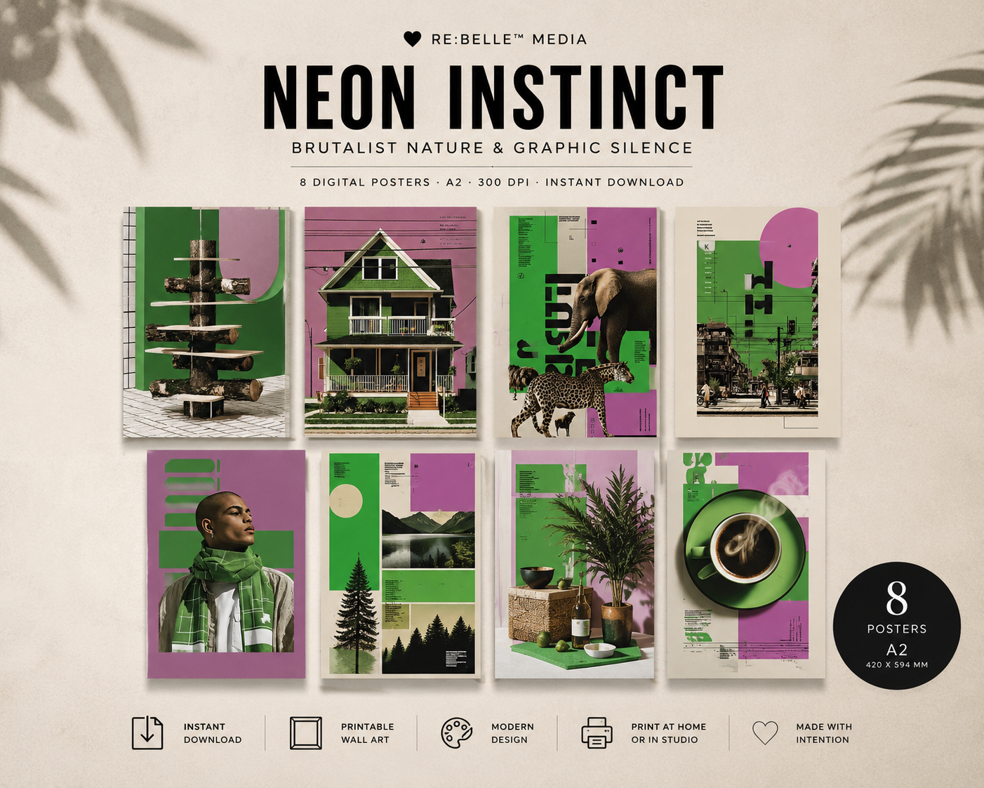 NEON INSTINCT Brutalist Nature & Graphic Silence Diese Serie wirkt wie Architektur für Gedanken. Zwischen Neon-Grün, staubigem Rosé und roher Struktur entsteht kein Dekor — sondern Spannung.