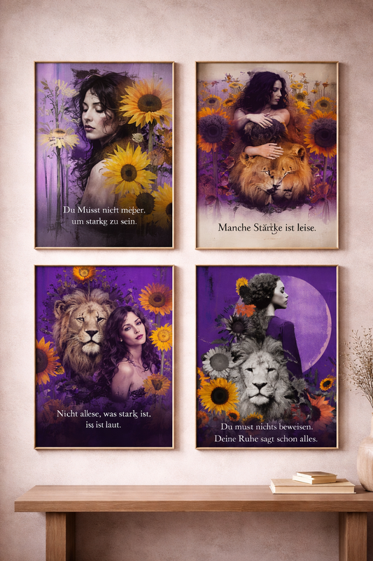 Silent Power Bundle – 4 Fine Art Poster mit Frau, Löwe & Sonnenblumen | A2 Download Set Vier Bilder. Eine Haltung. Dieses Bundle bringt eine Form von Stärke in deinen Raum, die nichts fordert – aber alles verändert.