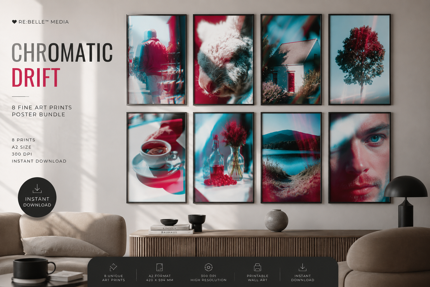 Chromatic Drift Poster Bundle | 8 Fine Art Downloads wie Erinnerungen, die sich nicht vollständig erklären lassen. Zwischen Licht, Farbe und Unschärfe entsteht ein Raum, der mehr fühlt als zeigt. Ein printable wall art Bundle für Menschen, bewusst wählen.