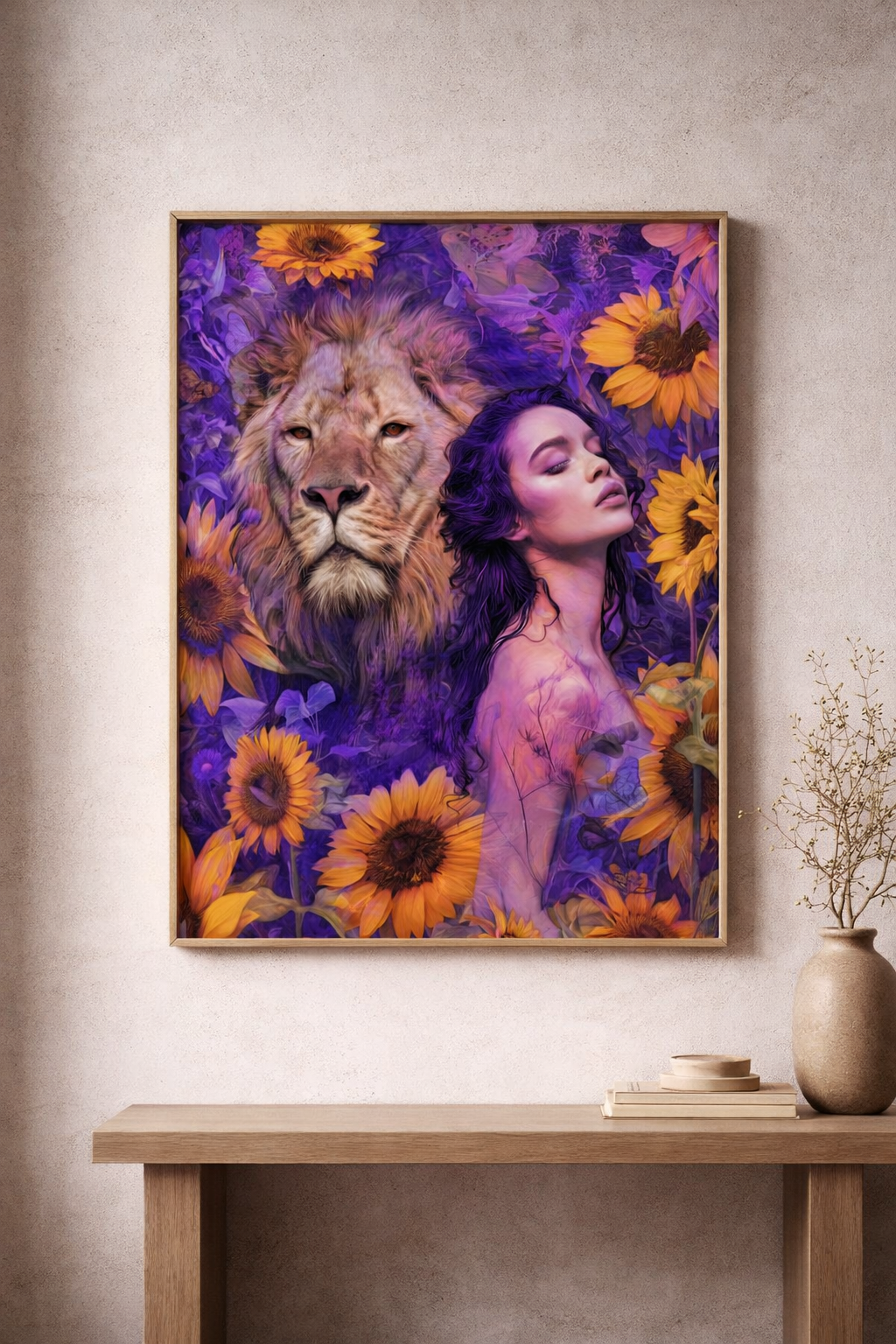 Golden Silence – Frau & Löwe in Sonnenblumen | Violett Fine Art Poster A2 Download