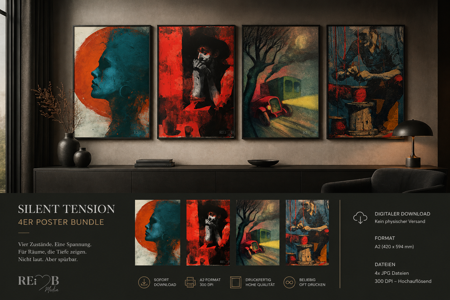 Silent Tension – 4er Poster Bundle | Expressionistische Kunst A2 Download Vier Motive. Vier Zustände. Zwischen Kontrolle, Druck und leiser Eskalation. Für Räume, die mehr fühlen sollen als sie zeigen.