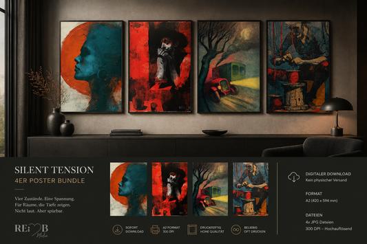 Silent Tension – 4er Poster Bundle | Expressionistische Kunst A2 Download Vier Motive. Vier Zustände. Zwischen Kontrolle, Druck und leiser Eskalation. Für Räume, die mehr fühlen sollen als sie zeigen.