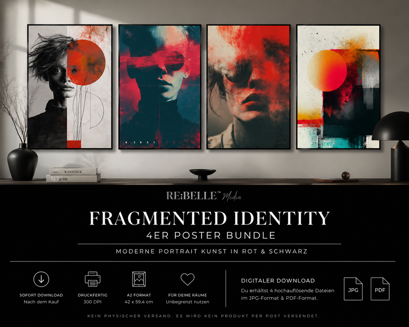 RE:BELLE™ Fragmented Identity – Moderne Portrait Kunst in Rot & Schwarz (A2 Download) Vier Motive. Ein Zustand. Zwischen Kontrolle und Auflösung – genau dort wirkt dieses Set. Für Räume, die nicht dekorieren wollen, sondern etwas sagen.