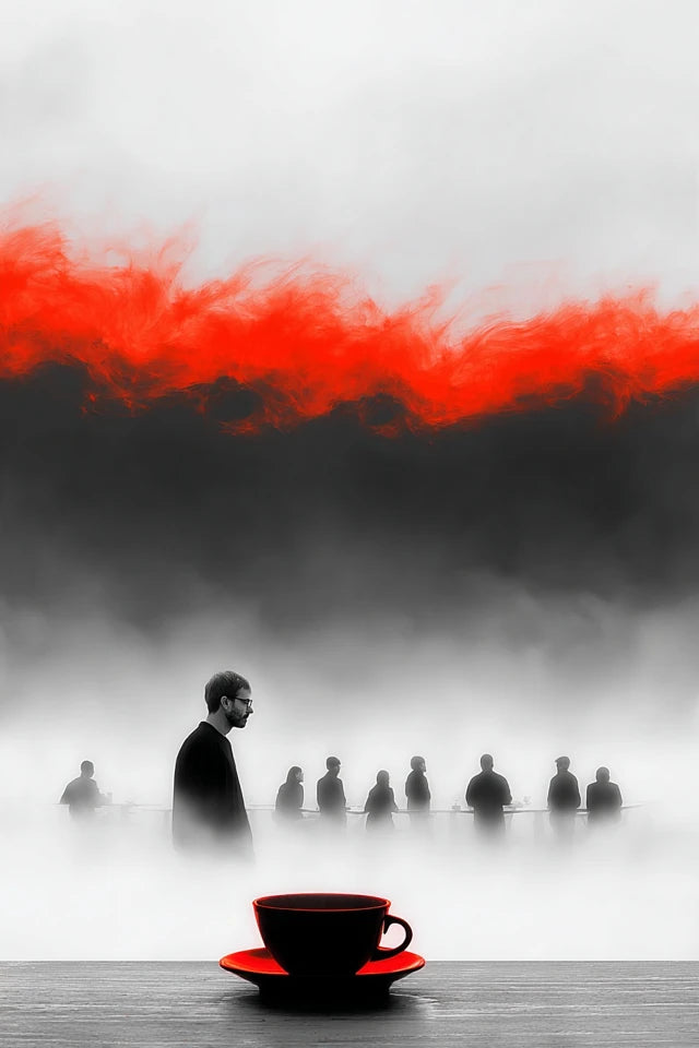 RED SILENCE – Printable Wall Art A2   RED SILENCE ist keine laute Wandkunst. Diese Serie arbeitet mit Stille, Nebel, Schwarz-Weiß-Kontrast und einem einzigen roten Impuls. Für Räume, die nicht dekoriert wirken sollen — sondern entschieden.