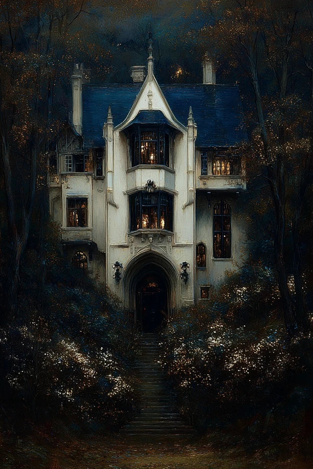 Midnight House of Gold – Printable Art Set Eine Serie für Räume, die nicht heller werden wollen. Sondern tiefer. Midnight House of Gold bringt Nachtblau, altes Gold, stille Figuren und dunkle Schönheit an die Wand – als digital poster set.